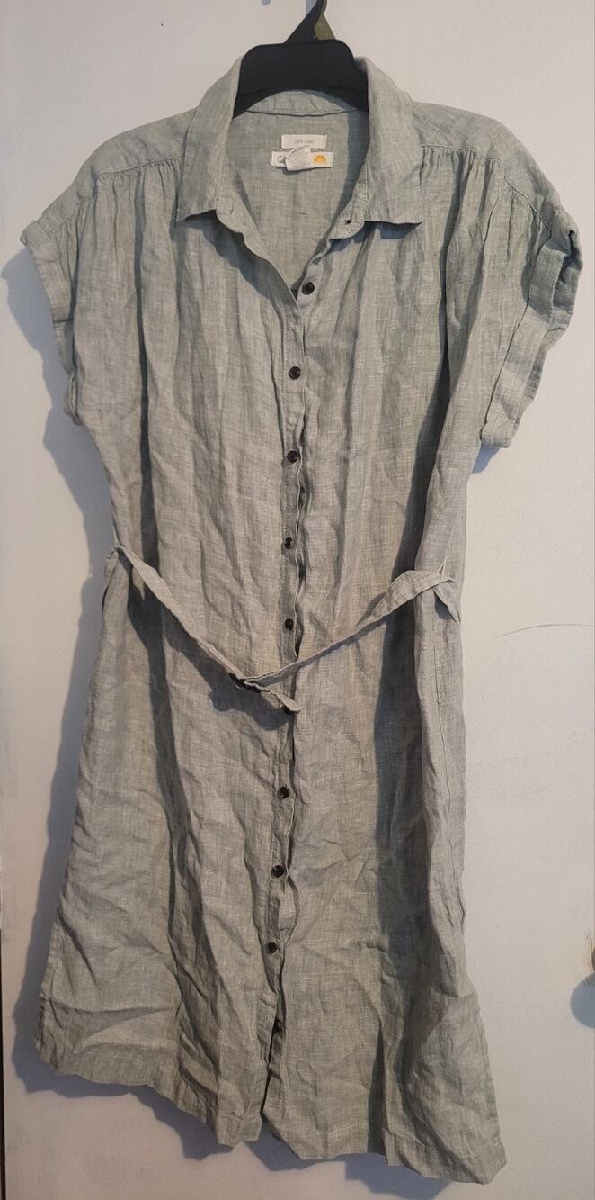 C&C California Women L 100% Linen Button Up Belted Shirt Dress| Relaxed
